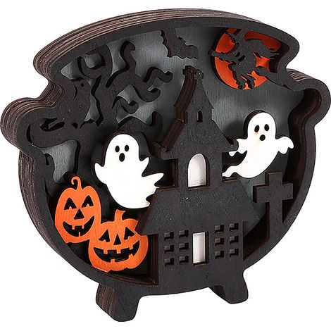 Geisterdekoration aus Holz mit LED-Beleuchtung für Halloween Kürbisdekoration aus Holz für Halloween (Topf mit Beleuchtung) (1/2)