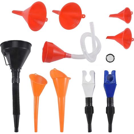 Ensemble de 10 entonnoirs pour voiture, comprenant un entonnoir à huile en plastique à long col, un entonnoir à clipser, un entonnoir à angle droit et un entonnoir à carburant à large ouverture. (1/5)