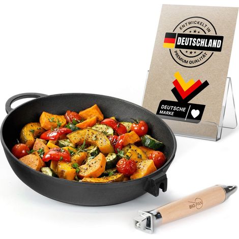Poêle en fonte de 28 cm de 70 mm de haut avec manche en bois - Poele ronde - Poêle à frire à induction - Convient pour barbecue à gaz, four, foyer et tous feux dont induction (1/5)