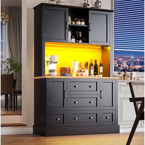 Buffet haut MDF noir et naturel 115x40x180 cm avec LED contrôlée par application, 3 tiroirs et dispositif anti-basculement (1/5)