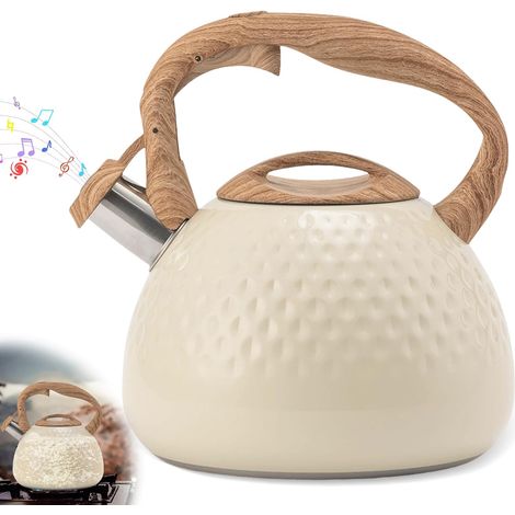 Bouilloire à Induction Moderne, Bouilloire à Sifflet en Acier Inoxydable 3L, Bouilloire à Sifflet avec Poignée en Couleur Bois, Bouilloire à Thé pour Tous les Feux, Bouilloire, Théière pour Thé (1/5)