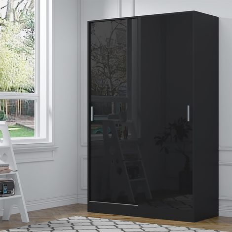 Reflect 2 Door Sliding Wardrobe - Black Gloss & Black Oak - Hanging Rails & Shelves - Modern Design