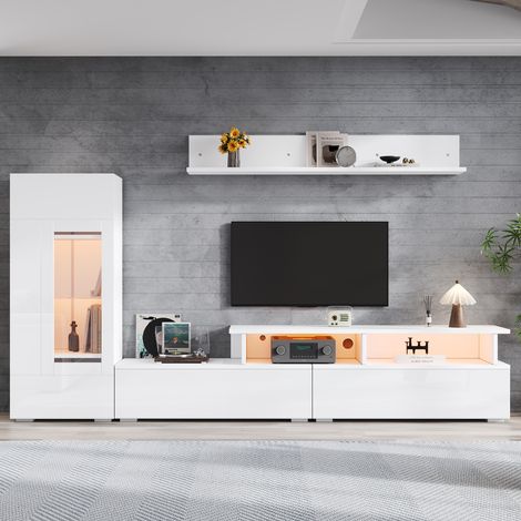 Pack mobilier TV mural 3 éléments, spots LED intégrés, laque brillante, avec meuble téléviseur, vaisselier suspendu et étagère murale, adapté aux écrans jusqu'à 75 pouces, blanc. (1/5)