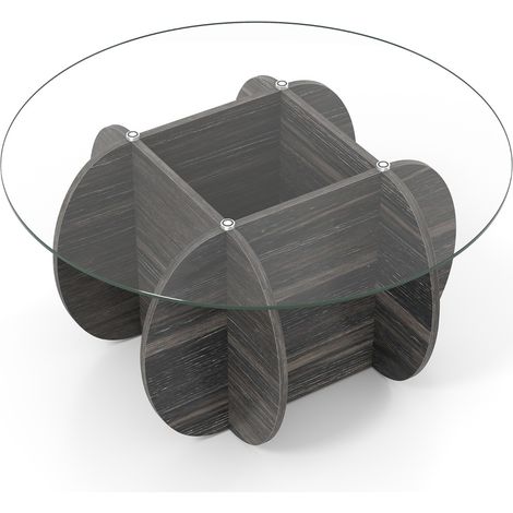 Tavolino da caffè rotondo con piano in vetro temperato e base in legno massello, Tavolino moderno con scomparto portaoggetti Marrone (1/5)