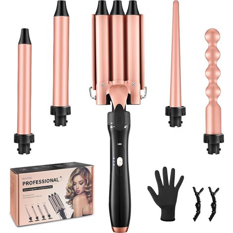 5 en 1 Boucleur a Cheveux, Fer à Friser 3 Barils Waves, Température Réglable, Fer à une Chaleur Rapide et un 2 Clips, Fer à Ondes pour Cheveux Longs Courts Fins et Epais (1/5)
