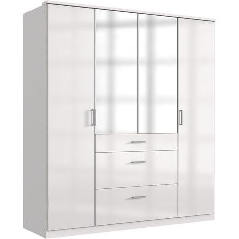 Armoire Placard, meuble de rangement avec 2 miroirs coloris blanc cassé, blanc - Longueur 179 x Hauteur 199 x Profondeur 58 cm (1/3)