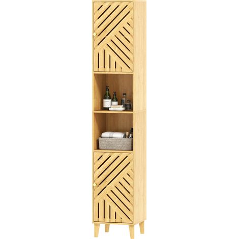 Badezimmerschrank aus Bambus, Aufbewahrungssäule, Bambustüren, verstellbare Einlegeböden, 32 x 30 x 170 cm, Naturholz