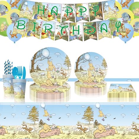 Décor De Fête Winnie L'ourson - Assiettes Plastique 7 Pouces Et 9 Pouces - Nappe - Banderoles - Gobelets - Couverts - Serviettes - Lot Complet Pour Anniversaire (1/4)
