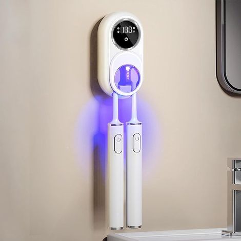 Wandmontierter Zahnbürstenhalter Zahnbürstenetuis mit 2 Fächern tragbare Reinigungsbox für elektrische und manuelle Zahnbürsten bohrfreie weiß (1/5)
