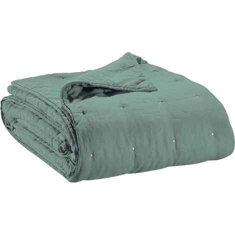Jeté de lit et couvre-lit stonewashed en lin et coton vert-de-gris 240 x 260 cm - PANGIVO (1/3)