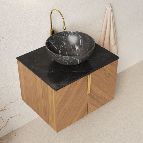 Lavabo mural 61 cm, cuvette céramique noire effet pierre, plan en pierre frittée noire, meuble contreplaqué brun chêne grain bois, 2 portes.
