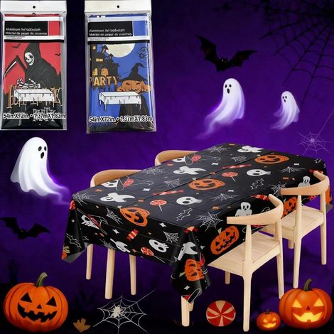 3-teiliges Halloween-Tischdecken-Set, rechteckige Halloween-Dekoration, rote, schwarze, blaue Kürbis-Tischdecke, für Partys, Treffen, Bars (1/5)