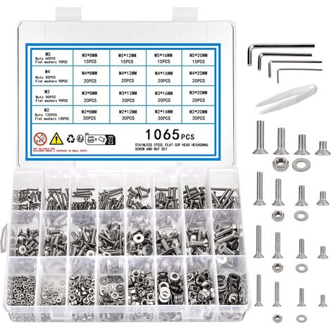 Ensemble de 1065 Pièces Boulons à Tête Fraisée à Six Pans Creux Acier Inoxydable, Vis, Écrous et Rondelles Assortiment M2 M3 M4 M5, Kit de Visserie de Machine(1065) (1/5)