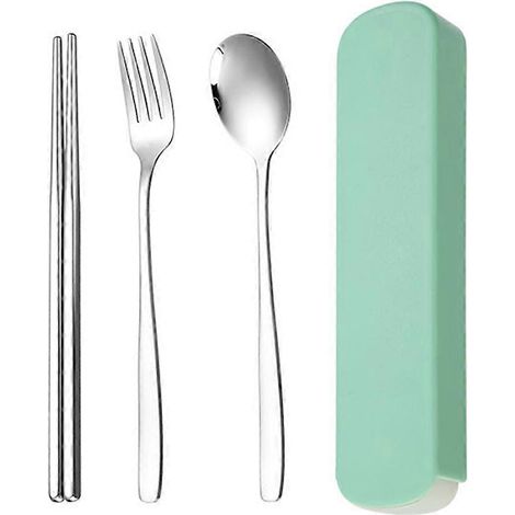 Ensemble de voyage portable avec boîte, vaisselle en acier inoxydable réutilisable pour pique-nique, camping et voyages - Vert (1/5)