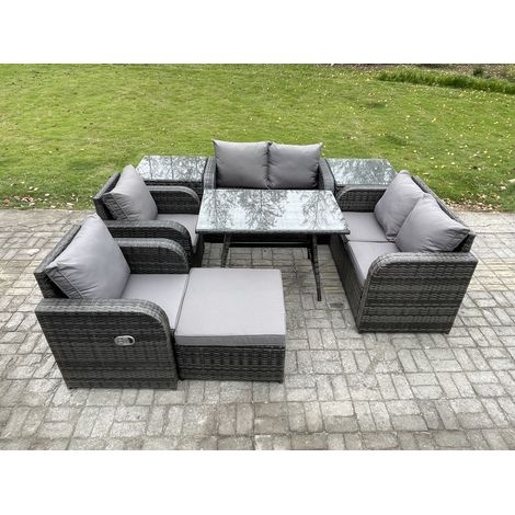 Fimous Polyrattan Garten Esstisch Set Gartenmöbel Sofa mit Rechteckiger Esstisch 2 Beistelltischen 2 Großer Hockern Dunkelgrau Gemischt (1/5)