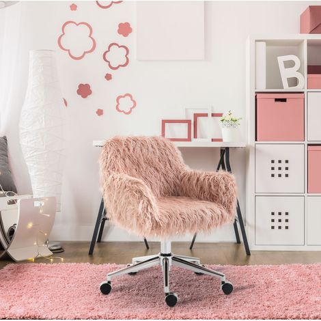 Chaise de bureau en peluche synthétique rose, hauteur réglable, accoudoirs, 57 x 60 x 75-85 cm (1/5)