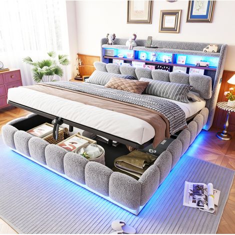 Cama tapizada 180x200 cm con almacenaje hidráulico, tela bouclé gris, LED, USB y enchufe OKWISH (1/5)