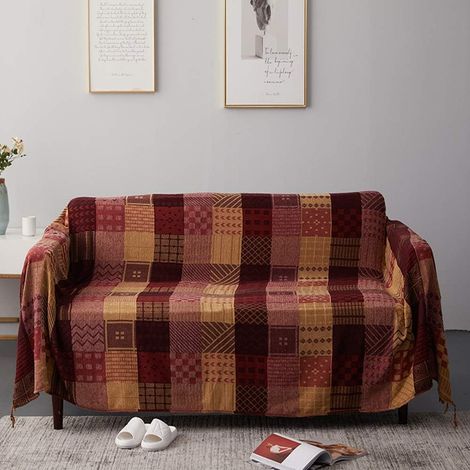 Couvre-lit en chenille style campagnard, couverture décorative pour canapé, canapé, canapé, fauteuil, motif écossais, rouge, 220 x 249,9 cm (1/5)