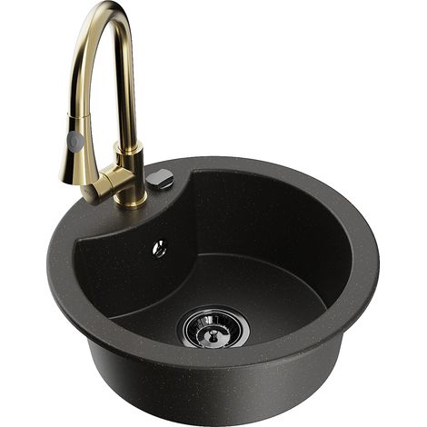 Mexen Diego Granitspüle 1-Becken mit Küchenarmatur Elia, schwarz/goldmetallik - 6512-75-670101-50-B (1/5)