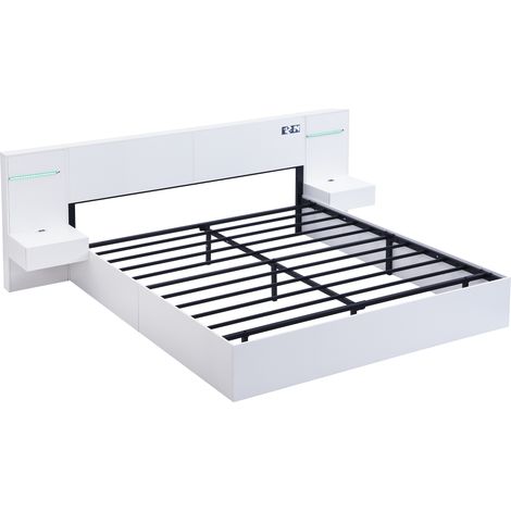 Lit double 160×200 cm en bois équipé de ports USB, horloge électronique, enceintes Bluetooth et ruban lumineux multicolore, livré avec deux tables de chevet sans tiroirs  matelas non fourni, couleur b (1/5)