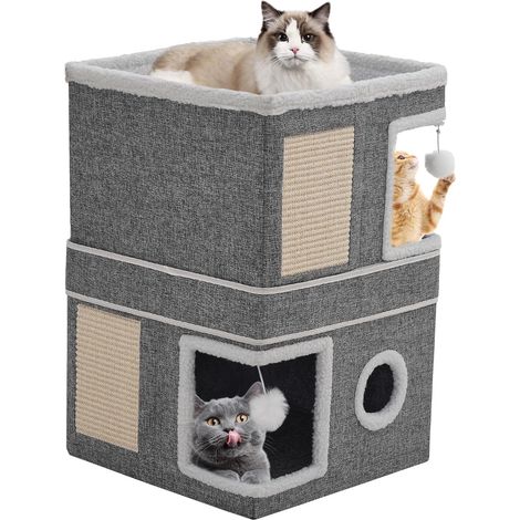 Maison pour Chat Pliable d'intérieur avec griffoir, Balle de Jeu, Niche pour Plusieurs Chats, Cube pour Chat, Maison Cube à Trois étages, lit pour Chat, 40x40x63 cm, Grise (1/5)