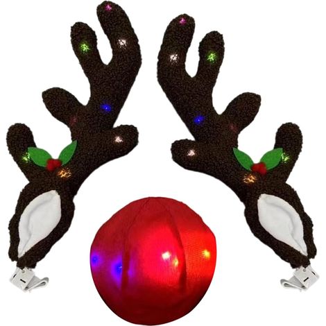 Décorations de Noël pour voiture – Bois de renne lumineux avec nez Décoration extérieure de voiture de Noël, pour véhicule automobile, VUS, fenêtre extérieure, toit (1/5)