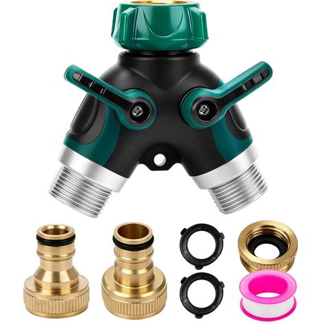 Répartiteur d'eau à 2 Voies, raccord en Y 3/4 Pouce avec 2 vannes indépendantes pour l'arrosage du Jardin et Le Robinet extérieur (1/5)