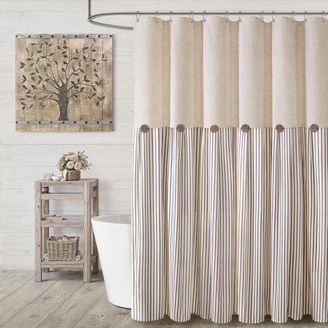 Rideau De Douche - Lin - Coton - 72 Pouces L x 72 Pouces H - Style Ferme Rustique - Boutons Décoratifs - 1 Pièce (1/5)