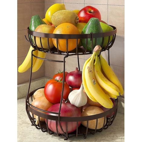 Corbeille à fruits 2 niveaux métal marron, comptoir cuisine, 2 supports bananes, empilable, pour fruits, pain et légumes (1/5)