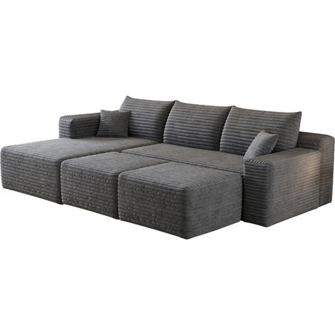 Sofá en L de 241 cm color gris oscuro con tejido de pana y relleno de espuma (1/5)