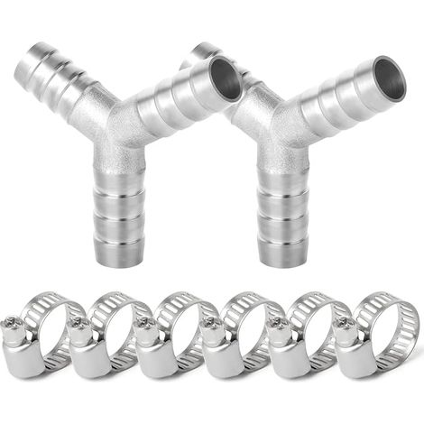 2 pièces 10mm en acier inoxydable tuyau té barbelé, 3 voies en forme de Y 304 raccord de tuyau avec 6 pièces pinces (1/5)