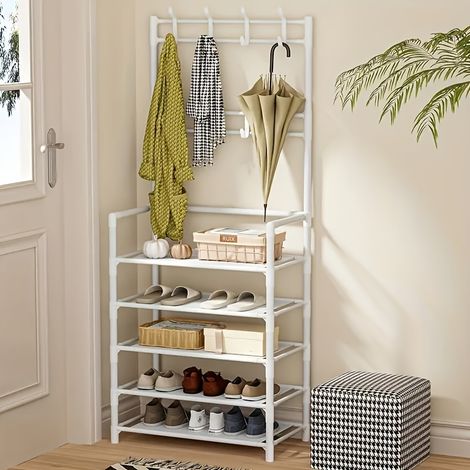 Étagère à chaussures avec cintres - Porte-manteau rangement pour (blanc) organiseur de chambre crochets Blanc (1/5)