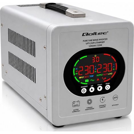 UPS Qoltec de onda sinusoidal pura  1000 VA/720 W  Convertidor 12/230 V con AVR  Pantalla LCD  Batería de gel AGM LiFePO4