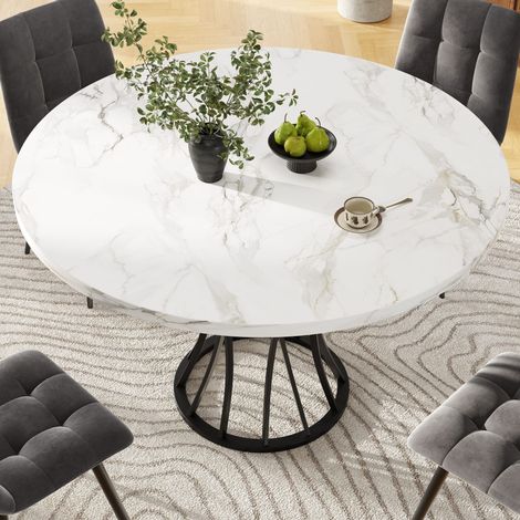 Table à manger ronde 80×80×76 cm – Plateau MDF imitation marbre – Pieds métal noirs réglables – Charge max 60 kg – Style luxueux pour salon et salle à manger (1/5)