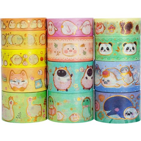 Boîte de 13 bandes adhésives décoratives fines à motifs d'animaux de dessins animés, idéales pour décorer un agenda, un album photo ou pour des projets de bricolage. (1/5)