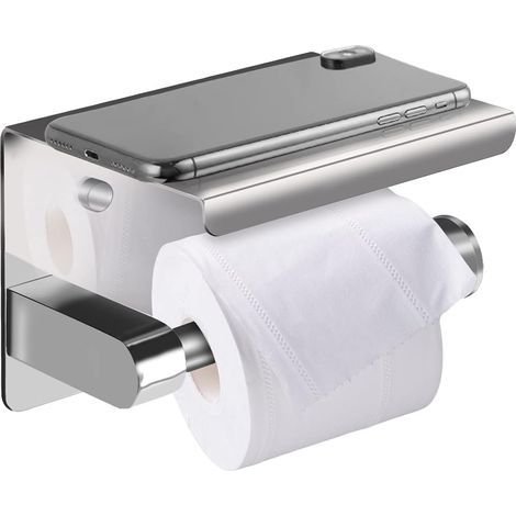 Toilet Paper Holder Wall-Mounted Self-Adhesive Glue Wall-Mounted Toilet Paper Holder for Bathroom Paper Dispenser with Shelf - Silver STAINLESS STEEL (1/5)