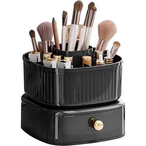Organizzatore cosmetico impilabile, porta pennelli per il trucco con vassoio girevole a 360°, organizer per cosmetici (nero). (1/4)