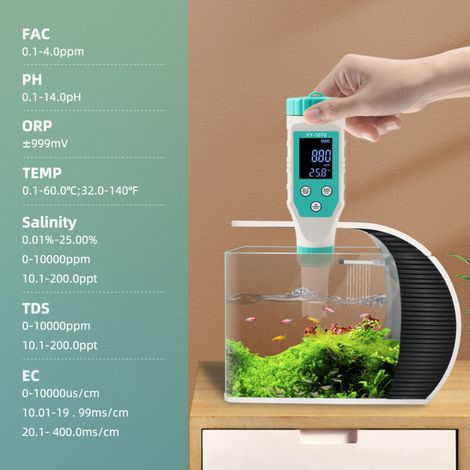 Moniteur de qualité de l'eau 7 en 1, chlore, pH, solides dissous totaux, sel, ORP, FAC, EC, testeur de température, testeur de mariculture multifonctionnel pour l'eau potable, l'aquaculture et