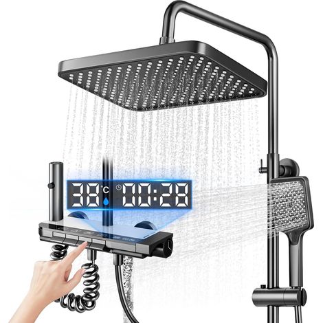 Colonne de Douche Thermostatique avec Affichage Numérique, Système de Douche à Effet Pluie avec Douchette à Main et Robinet en Cascade, Hauteur Réglable (Gris) (1/5)