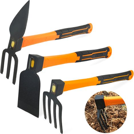 Set de 3 herramientas de jardín – Azada doble, rastrillo de 4 dientes y azada plana con mango antideslizante, ideales para labranza, arado y mantenimiento del terreno (1/5)