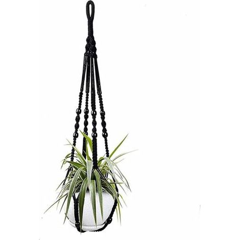 Suspension pour plantes d'intérieur en corde de coton noire, 98 cm, avec perles en bois, pour décoration intérieure, sans crochet, 1 paire (1/5)