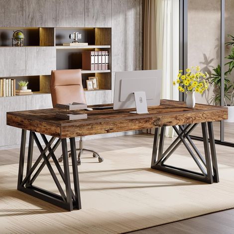 Tribesigns 63-Inch Executive Desk, Farmhouse Office Computer Desk with Sturdy X-Shaped Legs, Large Writing Table Business Furniture Workstation for Home Office, Study (Rustic Brown & Black) (1/5)