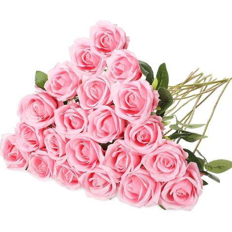 20 roses artificielles à longues tiges – bouquet réaliste de roses artificielles à l'aspect soyeux (lot en gros) pour la décoration intérieure, les mariages, les fêtes et la décoration de table (rose (1/5)