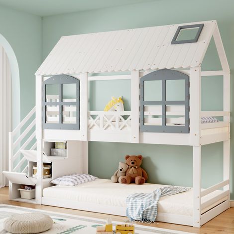 Litera infantil 253,5 x 95 x 215 cm blanca y gris de pino y MDF con escalera de almacenaje (1/5)