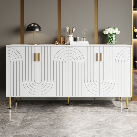 Buffet blanc 152x40x75 cm design ondulé - Poignées & pieds dorés - Élégant pour coin repas (1/5)