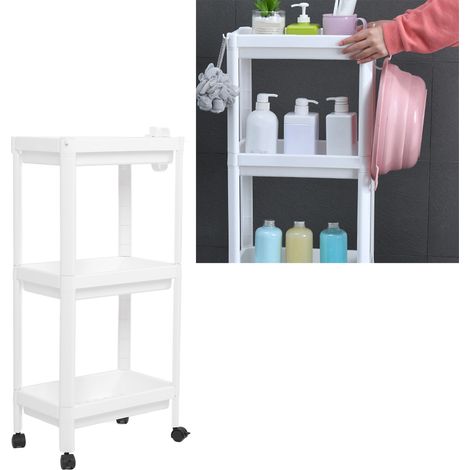 Étagère de rangement blanche sur pied pour salle de bain, étagère de rangement étroite à trois niveaux. (1/5)