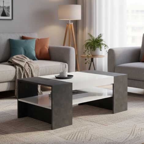 Table basse Jonni, Table basse, Porte-revues, 110x60h40 cm, Blanc brillant et ardoise (1/5)