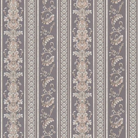 Papier peint marron à rayures argenté pour bureau Tapisserie vintage fleurs & feuilles argenté Papier peint à motifs rayé style rococo (1/4)