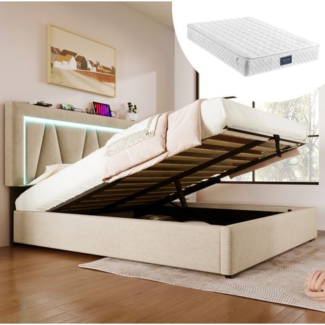 Lit double LED 160x200 cm en lin beige avec tête de lit réglable, USB-C et coffre (1/5)