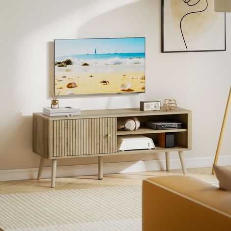 Mesa de TV con Puerta Estante Ajustable Compartimentos Abiertos y Orificio para Televisión hasta 55 Pulgadas Roble (1/5)